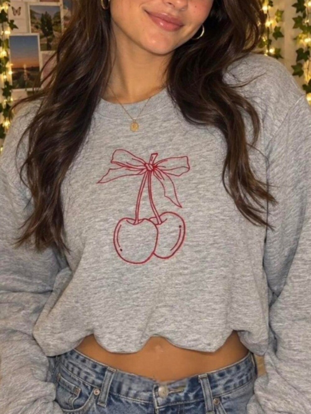 Social Scene Grey Cropped Sweatshirt with Red Cherry Graphic XS
